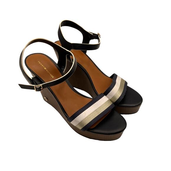 Tommy Hilfiger Shoes Wmns Size 11M Kirra Wedge Platform Sandals Blue White Gold - Picture 1 of 12